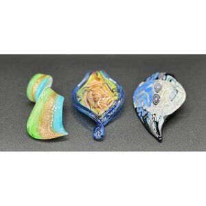 Lot Set 3 Art Glass Blue Multi Color Effect Glitter Swirl Spear Shape Pendants